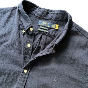 Polo Ralph Lauren Mens Shirt 2xl Navy Blue Seersucker Guaranteed to Wrinkle